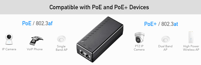 Cudy POE200: PoE инжектор за захранване на IP камери с 1 x 10/100/1000 Mbps PoE порт + 1 x 10/100/1000 Mbps uplink порт, DC54V - 30 W