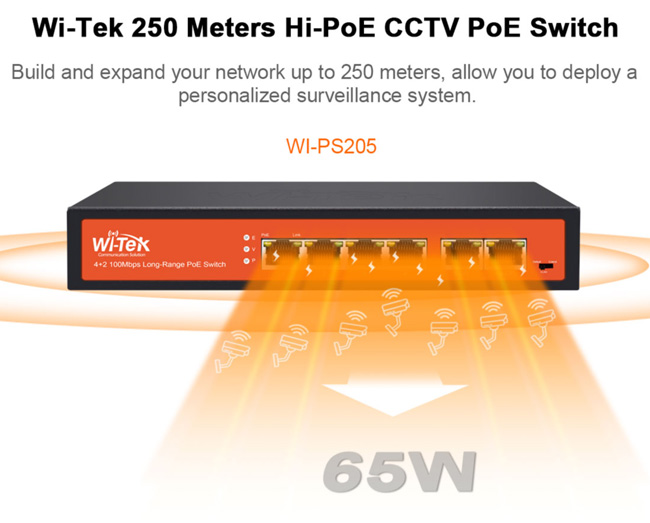 Wi-Tek WI-PS205: 6 портов суич с 4 x 10/100 Mbps PoE порта + 2 x 10/100 Mbps uplink порта. Hi-PoE до 60W на порт 1. До 30 W на портове 2-4. Общ PoE капацитет 65 W