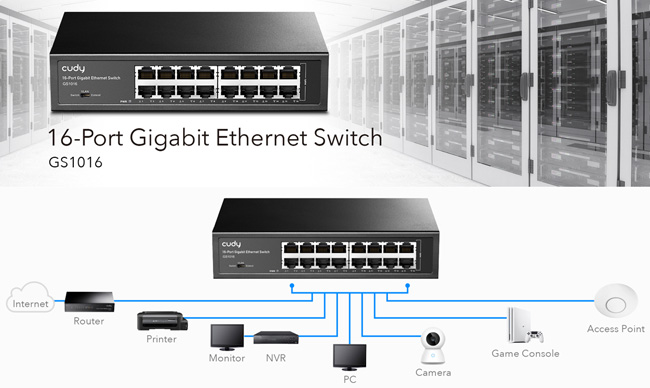 Мрежов суич без PoE захранване CUDY GS1016: 16 x RJ45 LAN порта, скорост 10/100/1000 Mbps