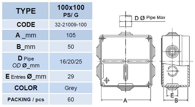 Кутия с капак на винтове COURBI 32-21005-100: 105x105x50 mm. Прахо и влагозащитена - IP55