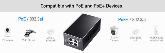 Cudy POE220: PoE инжектор за захранване на IP камери с 2 x 10/100/1000 Mbps PoE порта + 2 x 10/100/1000 Mbps uplink порт, DC54V - 60 W, по 30 W на порт