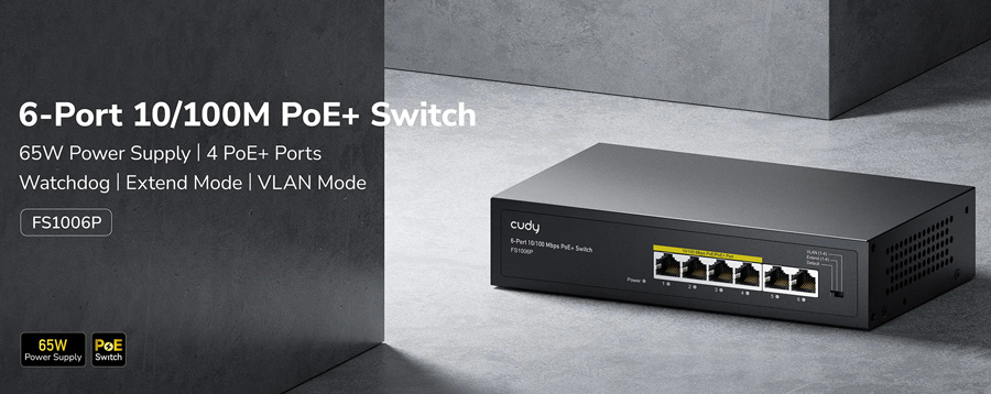 Cudy FS1006P V3.0: 6 портов суич с 4 x 10/100 Mbps PoE порта + 2 x 10/100 Mbps RJ45 uplink порта. До 30 W на PoE порт. Общ PoE бюджет 60 W
