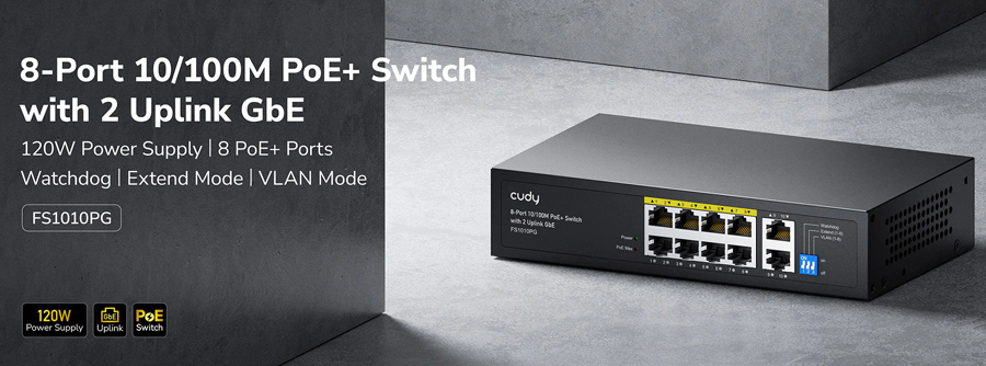 Cudy FS1010PG V2.0: 10 портов суич с 8 x 10/100 Mbps PoE порта + 2 x 10/100/1000 Mbps RJ45 uplink порта. До 30 W на PoE порт. Общ PoE бюджет 120 W