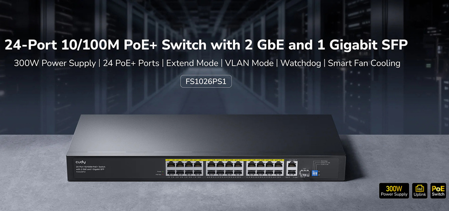 Cudy FS1026PS1 V4.0: 26 портов суич с 24 x 10/100 PoE порта + 1 x 10/100/1000 Mbps RJ45 uplink порт + 1x10/100/1000 Mbps combo порт (RJ45 и SFP). До 30 W на PoE порт. Общ PoE бюджет 300 W
