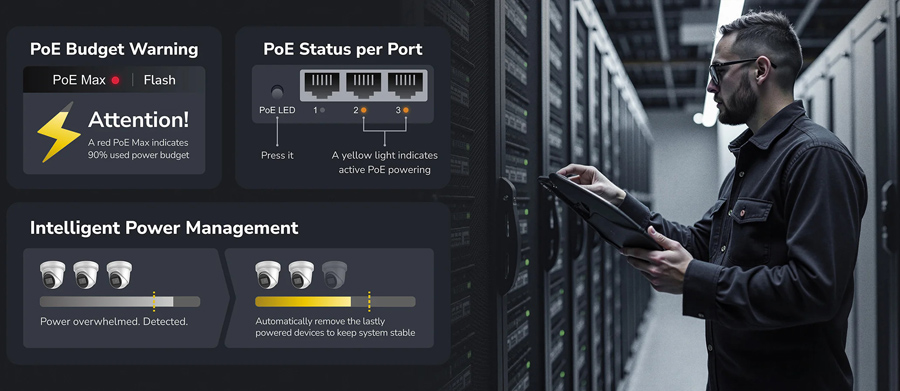 Cudy GS1010PE V2.0: 10 портов суич с 8 x 10/100/1000 Mbps PoE порта + 2 x 10/100/1000 Mbps RJ45 uplink порта. До 30 W на PoE порт. Общ PoE бюджет 120 W