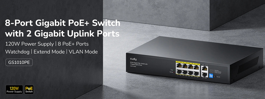 Cudy GS1010PE V2.0: 10 портов суич с 8 x 10/100/1000 Mbps PoE порта + 2 x 10/100/1000 Mbps RJ45 uplink порта. До 30 W на PoE порт. Общ PoE бюджет 120 W