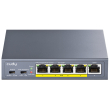Cudy GS1005P: 5 портов суич с 4 x 10/100/1000 Mbps PoE порта + 1 x 10/100/1000 Mbps RJ45 uplink порт. До 30 W на портове 1-4. Общ PoE капацитет 60 W