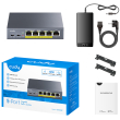 Cudy GS1005P: 5 портов суич с 4 x 10/100/1000 Mbps PoE порта + 1 x 10/100/1000 Mbps RJ45 uplink порт. До 30 W на портове 1-4. Общ PoE капацитет 60 W
