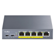 Cudy GS105P V1.0: 5 портов суич с 4 x 10/100/1000 Mbps PoE порта + 1 x 10/100/1000 Mbps RJ45 uplink порт. До 30 W на PoE порт. Общ PoE бюджет 36 W