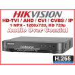 8 канален професионален цифров видеорекордер HIKVISION DS-7208HGHI-K1(S). Поддържа 8 HD-TVI камери до 1 MPX с H.265 компресия + 2 IP камери до 5 MPX. С Audio Over Coaxial технология