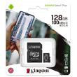 MicroSDHC карта памет: Kingston 128 GB Canvas Select Plus със SD адаптер. Class 10  UHS U1, скорост на четене 100 MB/s, скорост на запис 10 MB/s