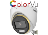HD-TVI/AHD/CVI/CVBS куполна камера HIKVISION DS-2CE70DF3T-MFS: 2 MPX 1920x1080. ColorVu технология с бяло LED осветление до 20 метра, микрофон с Audio Over Coaxial, обектив 2.8 mm
