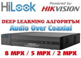 8 канален бюджетен цифров видеорекордер HiLook DVR-208U-M1. Поддържа 8 HD-TVI камери до 8 MPX + 8 IP камери до 8 MPX. Deep Learning алгоритъм за разпознаване и класификация на хора и превозни средства