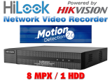 8 канален бюджетен IP мрежов видеорекордер HiLook: NVR-108MH-C. Поддържа 8 мрежови IP камери до 8 MPX. Deep Learning алгоритъм за разпознаване и класификация на хора и превозни средства на 4 канала