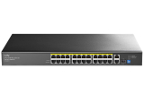 Cudy FS1026PS1 V4.0: 26 портов суич с 24 x 10/100 PoE порта + 1 x 10/100/1000 Mbps RJ45 uplink порт + 1x10/100/1000 Mbps combo порт (RJ45 и SFP). До 30 W на PoE порт. Общ PoE бюджет 300 W