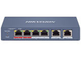 HIKVISION DS-3E1106HP-EI: Управляем 6 портов суич с 4 x 10/100 Mbps PoE порта + 1 x 10/100 Mbps uplink порт. Hi-PoE 60W на порт 1. До 30 W на портове 2 - 4. Общ PoE бюджет 60 W