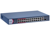 HIKVISION DS-3E1326P-EI/M : Управляем 26 портов суич с 24x10/100 Mbps PoE порта + 1x10/100/1000 Mbps RJ45 uplink порт + 1x10/100/1000 Mbps RJ45 combo порт (RJ45 и SFP). Общ PoE бюджет 230 W