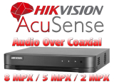 8 канален бюджетен 4K AcuSense цифров видеорекордер HIKVISION iDS-7208HUHI-M1/T. Поддържа 8 HD-TVI камери до 8 MPX + 8 IP камери до 8 MPX. С Audio Over Coaxial