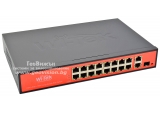 Wi-Tek WI-PS518G: 19 портов суич с 16 x 10/100 Mbps PoE порта + 2 x 1 Gbps uplink порта + 1 x 10/100 Mbps SFP uplink порт. Hi-PoE до 60W на порт 1-2. До 30 W на портове 3-16. Общ PoE капацитет 200 W