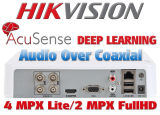 4 канален бюджетен AcuSense цифров видеорекордер HIKVISION iDS-7104HQHI-M1/S(C). Поддържа 4 HD-TVI камери до 4 MPX + 2 IP камери до 6 MPX. С Audio Over Coaxial