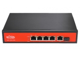 Wi-Tek WI-PS305GF: 6 портов суич с 4 x 1 Gbps PoE порта + 1 x 1 Gbps uplink порта + 1 x 1 Gbps SPF uplink оптичен порт. До 30 W на порт 1-4. Общ PoE капацитет 65 W