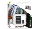 MicroSDHC карта памет: Kingston 128 GB Canvas Select Plus със SD адаптер. Class 10 UHS U1, скорост на четене 100 MB/s, скорост на запис 10 MB/s