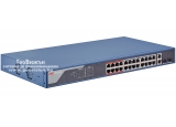 HIKVISION DS-3E1326P-EI: Управляем 26 портов суич с 24 x 10/100 Mbps PoE порта + 2 x 1 Gbps  combo uplink порта (2 cooper + 2 SPF), до 30 W на порт. Общ PoE капацитет 370 W