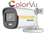 HD-TVI/AHD/CVI/CVBS корпусна камера HIKVISION DS-2CE10DF3T-FS: 2 MPX 1920x1080. ColorVu технология с бяло LED осветление до 20 метра, микрофон с Audio Over Coaxial, обектив 3.6 mm