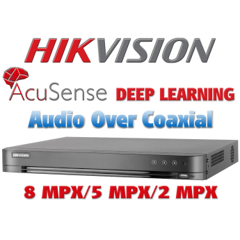 8 канален бюджетен 4K AcuSense цифров видеорекордер HIKVISION iDS-7208HUHI-M1/E(C). Поддържа 8 HD-TVI камери до 8 MPX + 8 IP камери до 8 MPX. С Audio Over Coaxial