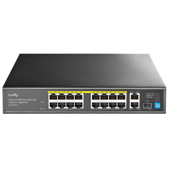 Cudy FS1018PS1 V4.0: 18 портов суич с 16 x 10/100 PoE порта + 1 x 10/100/1000 Mbps RJ45 uplink порт + 1x10/100/1000 Mbps combo порт (RJ45 и SFP). До 30 W на PoE порт. Общ PoE бюджет 200 W