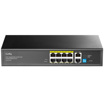 Cudy GS1010PE V2.0: 10 портов суич с 8 x 10/100/1000 Mbps PoE порта + 2 x 10/100/1000 Mbps RJ45 uplink порта. До 30 W на PoE порт. Общ PoE бюджет 120 W