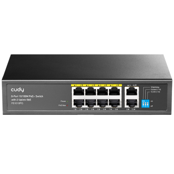 Cudy FS1010PG V2.0: 10 портов суич с 8 x 10/100 Mbps PoE порта + 2 x 10/100/1000 Mbps RJ45 uplink порта. До 30 W на PoE порт. Общ PoE бюджет 120 W