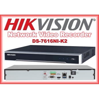 Употребяван 16 канален професионален 4K IP мрежов видеорекордер HIKVISION: DS-7616NI-K2. Поддържа 16 мрежови IP камери до 8 MPX и 2 SATA порта за твърди дискове