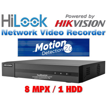 8 канален бюджетен IP мрежов видеорекордер HiLook: NVR-108MH-C. Поддържа 8 мрежови IP камери до 8 MPX. Deep Learning алгоритъм за разпознаване и класификация на хора и превозни средства на 4 канала
