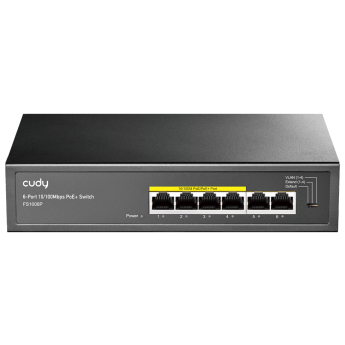 Cudy FS1006P V3.0: 6 портов суич с 4 x 10/100 Mbps PoE порта + 2 x 10/100 Mbps RJ45 uplink порта. До 30 W на PoE порт. Общ PoE бюджет 60 W