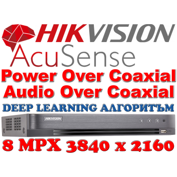 8 канален професионален AcuSense цифров видеорекордер HIKVISION iDS-7208HUHI-M2/P(C)/A, с поддръжка на Power Over Coaxial и Audio Over Coaxial. Поддържа 8 HD-TVI камери до 8 MPX + 8 IP камери до 8 MPX