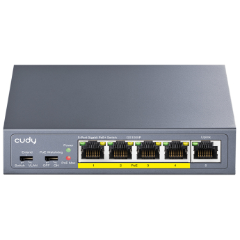 Cudy GS1005P: 5 портов суич с 4 x 10/100/1000 Mbps PoE порта + 1 x 10/100/1000 Mbps RJ45 uplink порт. До 30 W на портове 1-4. Общ PoE капацитет 60 W
