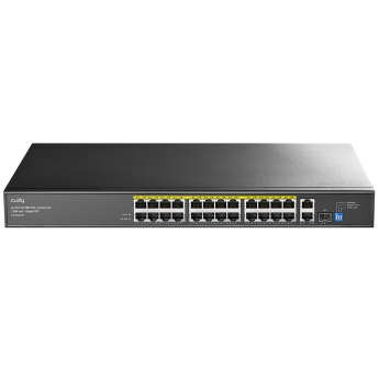 Cudy FS1026PS1 V4.0: 26 портов суич с 24 x 10/100 PoE порта + 1 x 10/100/1000 Mbps RJ45 uplink порт + 1x10/100/1000 Mbps combo порт (RJ45 и SFP). До 30 W на PoE порт. Общ PoE бюджет 300 W