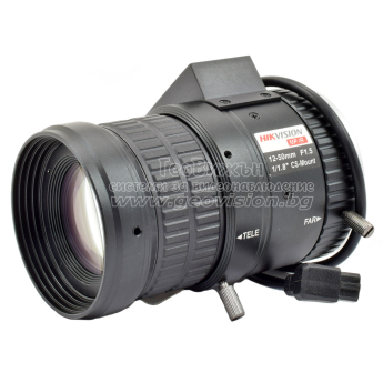 Варифокален обектив с автоматичен ирис HIKVISION HV1250D-MPIR: 12-50 mm, инфрачервена корекция, стъклена леща, CS-mount, 3 мегапиксела, светлосила F1.5, сензор до 1/1.8"