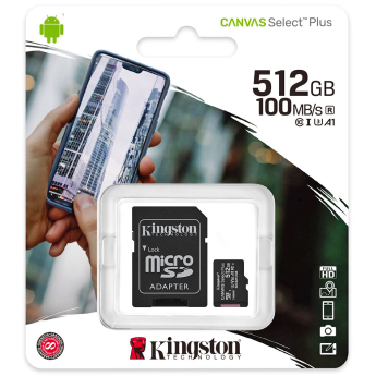 MicroSDXC карта памет: Kingston 512 GB Canvas Select Plus със SD адаптер. Class 10 UHS U3, скорост на четене 100 MB/s, скорост на запис 85 MB/s