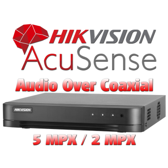 4 канален професионален 4K AcuSense цифров видеорекордер HIKVISION iDS-7204HUHI-M1/X/A. Поддържа 4 HD-TVI камери до 5 MPX + 4 IP камери до 8 MPX. С Audio Over Coaxial