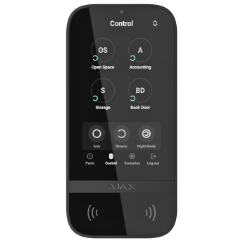 AJAX KeyPad TouchScreen: Безжична клавиатура със сензорен IPS дисплей, Bluetooth и вграден четец за безконтактни RFID карти,  поддържаща удостоверяване чрез парола, RFID карти, смартфони и кодове