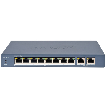 HIKVISION DS-3E0310P-E/M(B): 10 портов суич с 8 x 10/100 Mbps PoE порта + 2 x 10/100/1000 Mbps RJ45 uplink порта. До 30 W на порт. Общ PoE бюджет 80 W