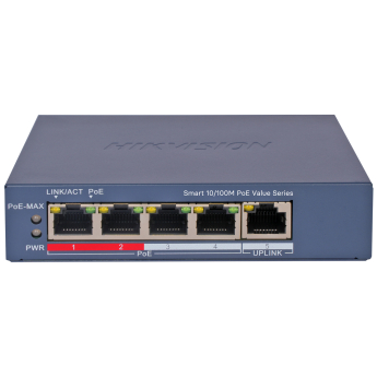 HIKVISION DS-3E1105P-EI/M  V2: Управляем 5 портов суич с 4 x 10/100 Mbps PoE порта + 1 x 10/100 Mbps uplink порт. До 30 W на порт. Общ PoE бюджет 45 W