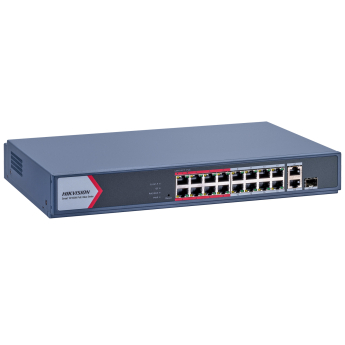 HIKVISION DS-3E1318P-EI/M : Управляем 18 портов суич с 16x10/100 Mbps PoE порта + 1x10/100/1000 Mbps RJ45 uplink порт + 1x10/100/1000 Mbps RJ45 combo порт (RJ45 и SFP). Общ PoE бюджет 130 W