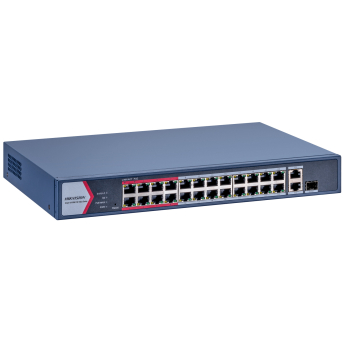 HIKVISION DS-3E1326P-EI/M : Управляем 26 портов суич с 24x10/100 Mbps PoE порта + 1x10/100/1000 Mbps RJ45 uplink порт + 1x10/100/1000 Mbps RJ45 combo порт (RJ45 и SFP). Общ PoE бюджет 230 W