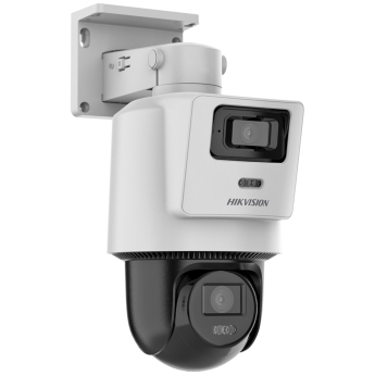 Въртяща двусензорна IP камера TandemVu HIKVISION DS-2SE2C400MWG-E1/14: 4 MPX, 2.8 и 8 mm обективи, Smart Hybrid Light комбинирано БЯЛО и инфрачервено осветление до 30 метра, микрофон и говорител