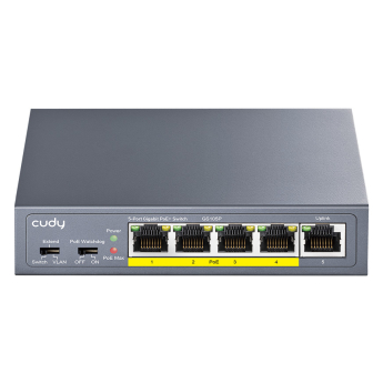 Cudy GS105P V1.0: 5 портов суич с 4 x 10/100/1000 Mbps PoE порта + 1 x 10/100/1000 Mbps RJ45 uplink порт. До 30 W на PoE порт. Общ PoE бюджет 36 W