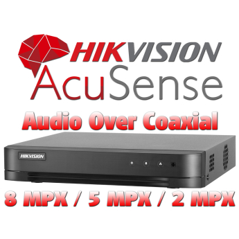 8 канален бюджетен 4K AcuSense цифров видеорекордер HIKVISION iDS-7208HUHI-M1/T. Поддържа 8 HD-TVI камери до 8 MPX + 8 IP камери до 8 MPX. С Audio Over Coaxial