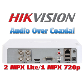 4 канален бюджетен цифров видеорекордер HIKVISION DS-7104HGHI-F1(S). Поддържа 4 HD-TVI камери до 2 MPX. С Audio Over Coaxial, H.264+ компресия